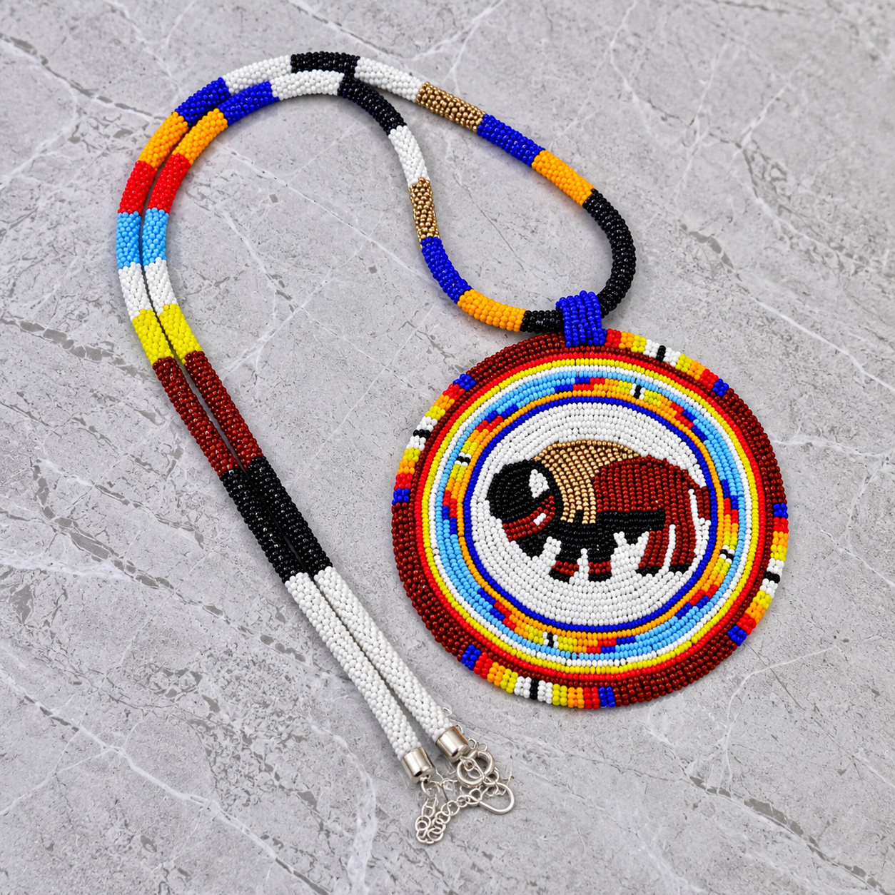 Native American Large Beaded Medallion Necklace (White & Black Bull )