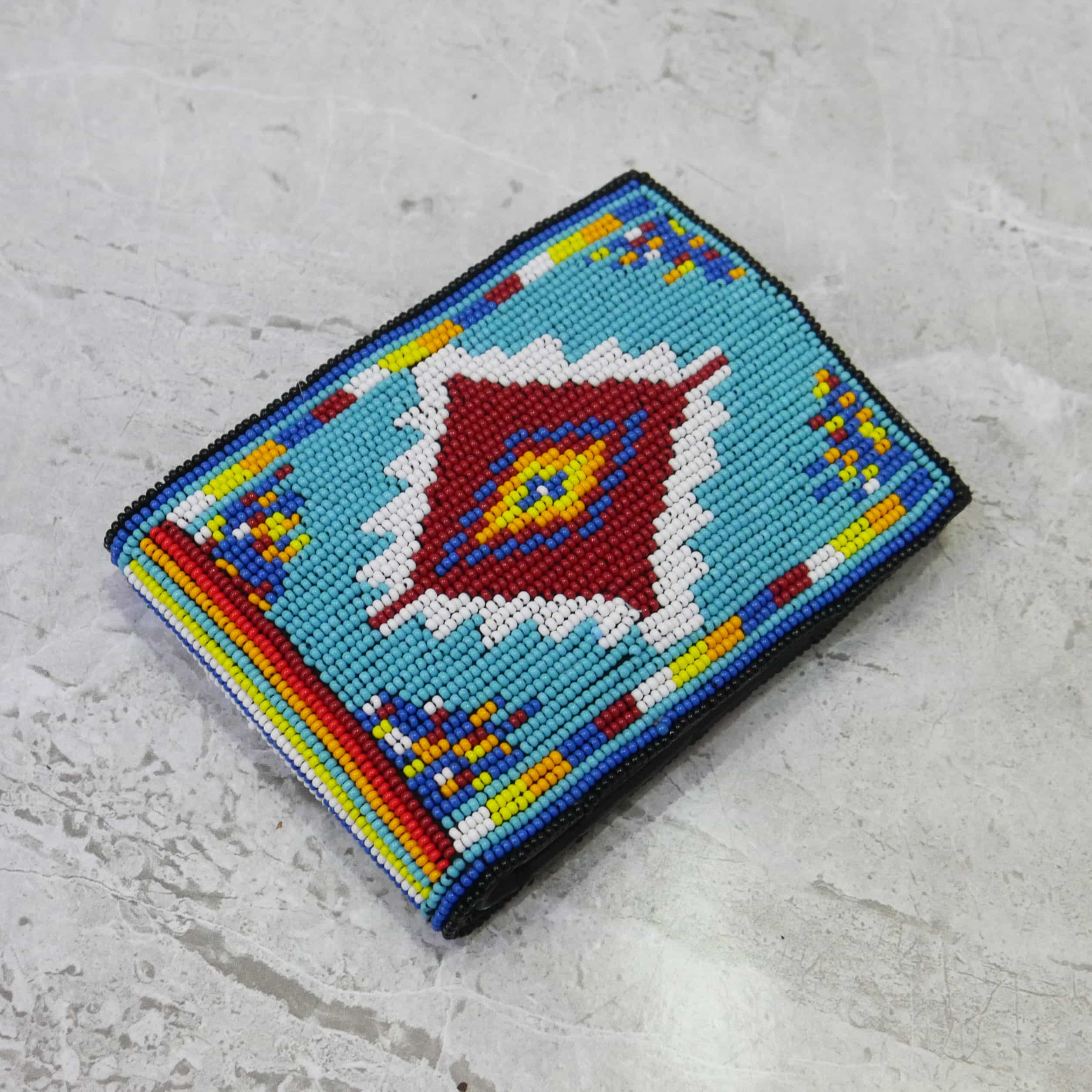Handmade Native American Seed beads Beaded Genuine Leather Wallet ( Light Blue Geometric )