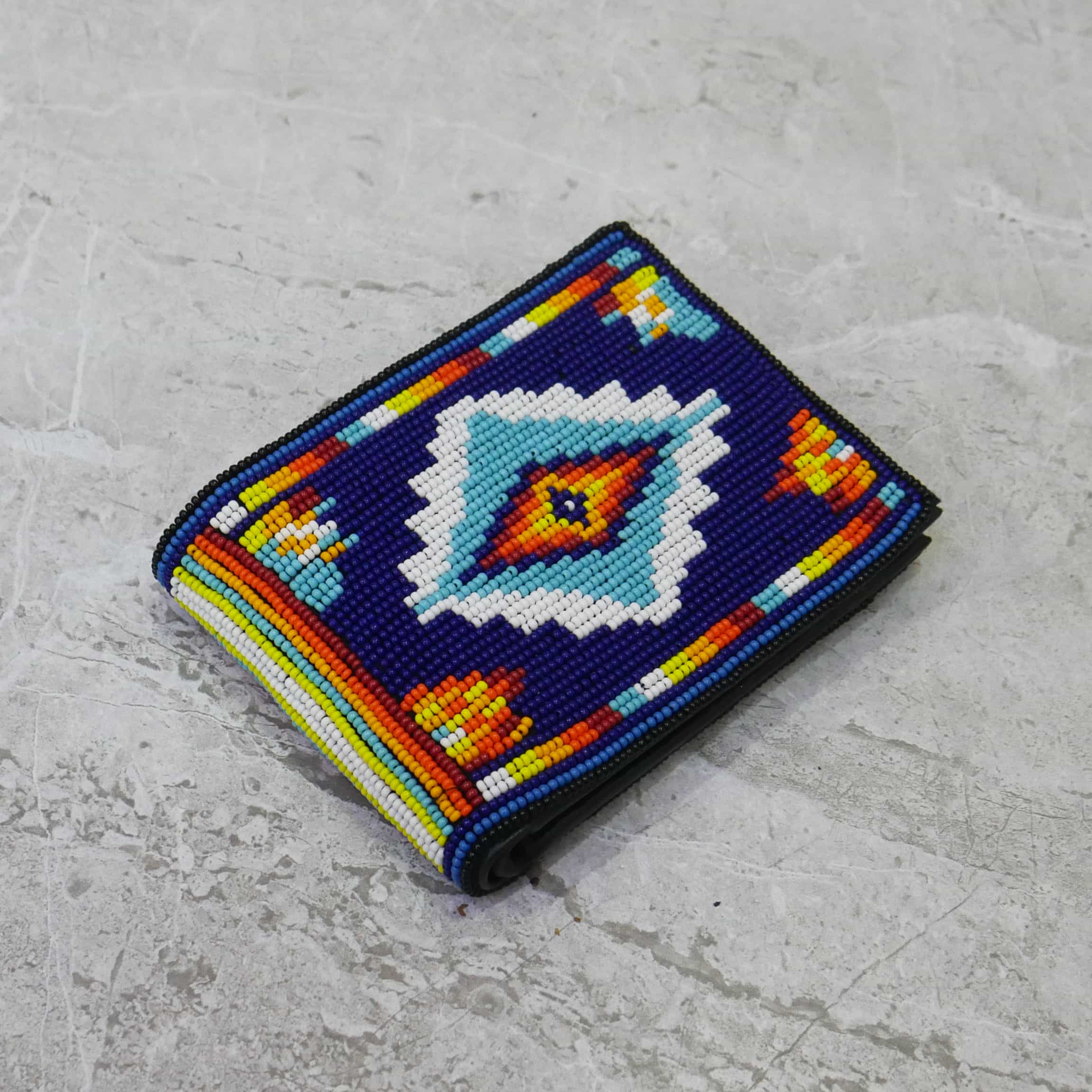 Handmade Native American Seed beads Beaded Genuine Leather Wallet ( Blue Geometric)