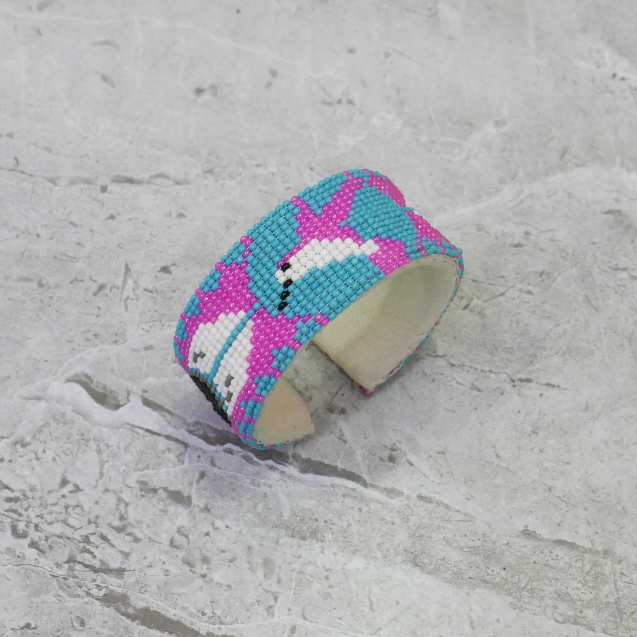 Handmade Native American Handmade Beaded leather Cuff bracelet ( Sky-Blue Pink Hummingbird)