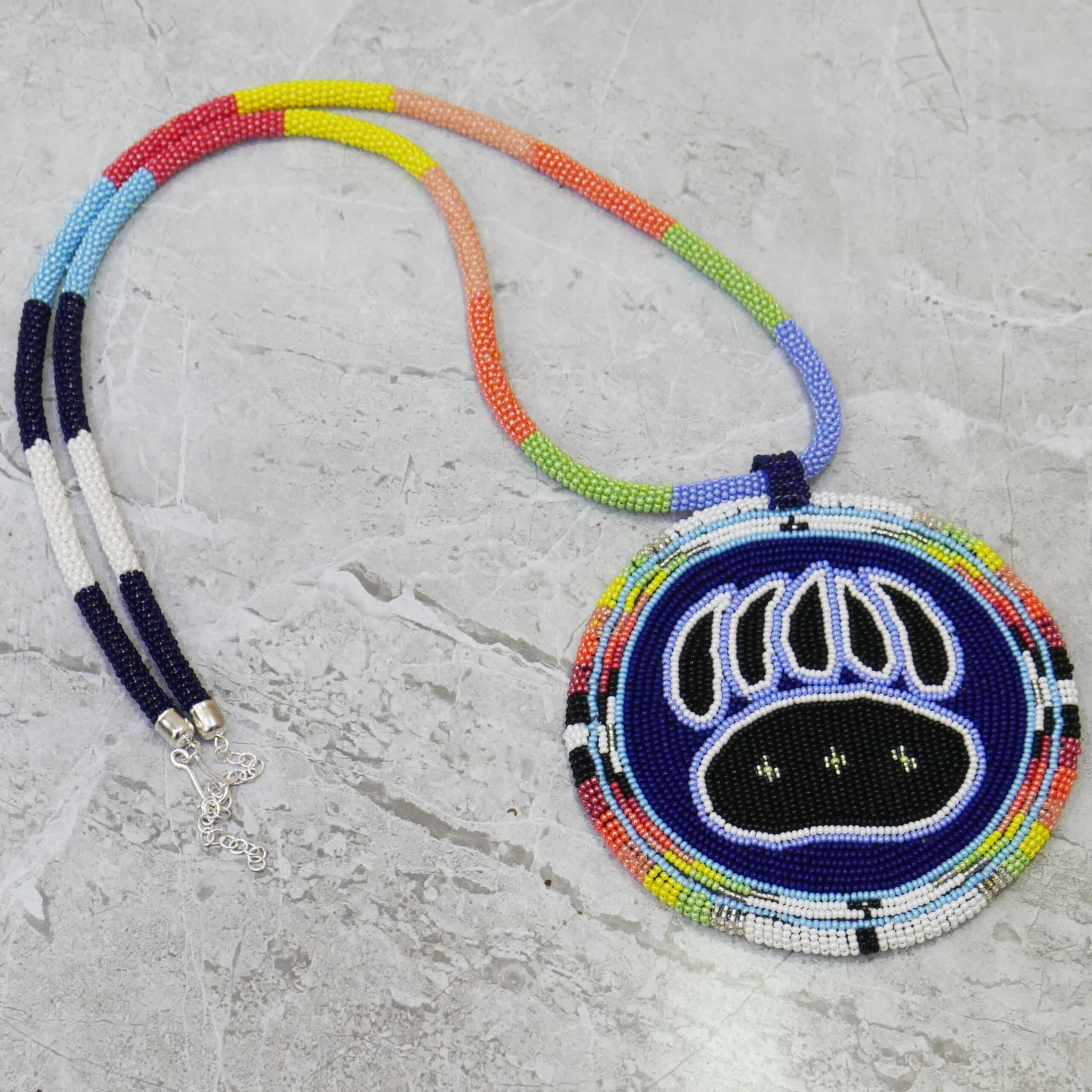 Native American Large Beaded Medallion Necklace (Blue Bear-paw)