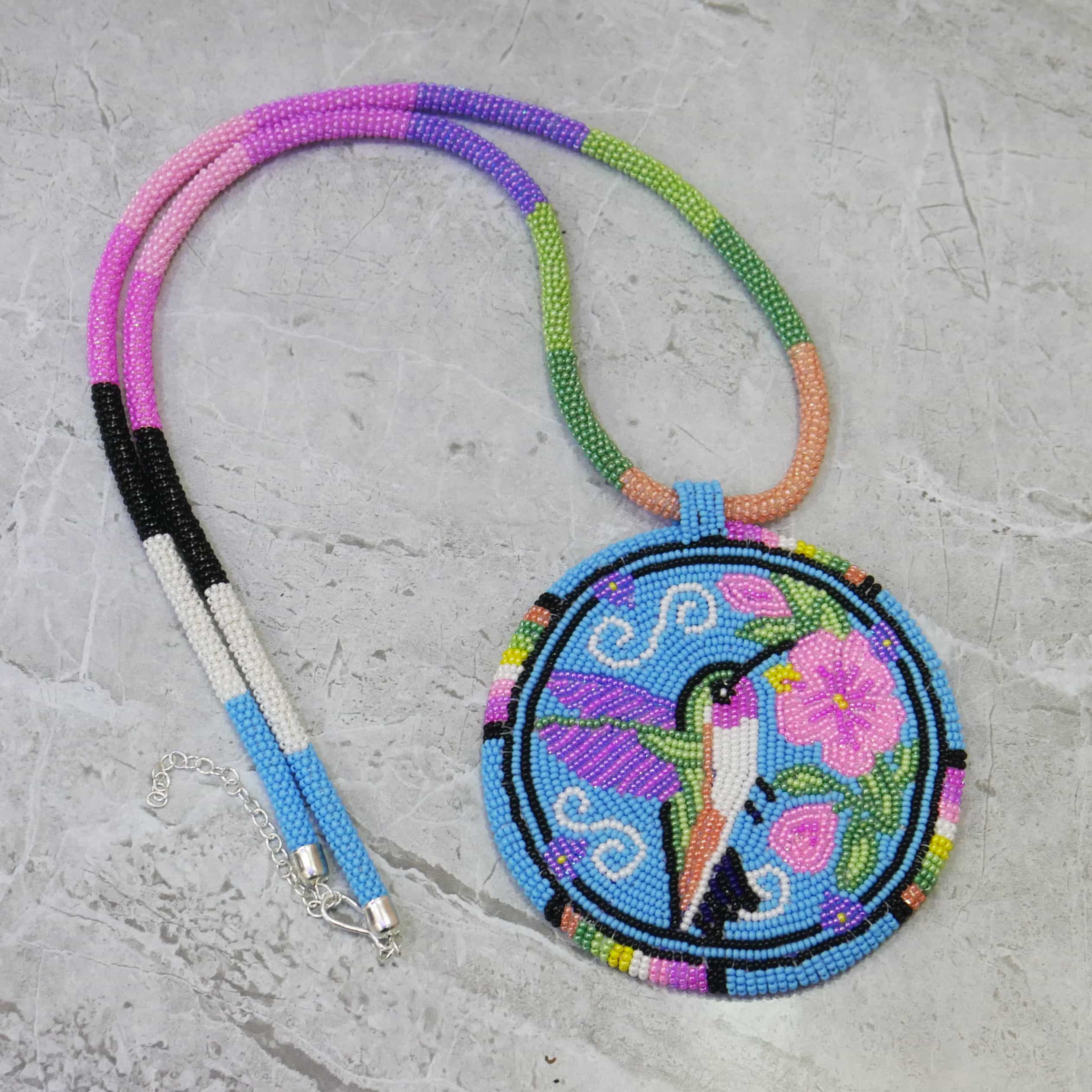 Native American Large Beaded Medallion Necklace (Sky-Blue Hummingbird)
