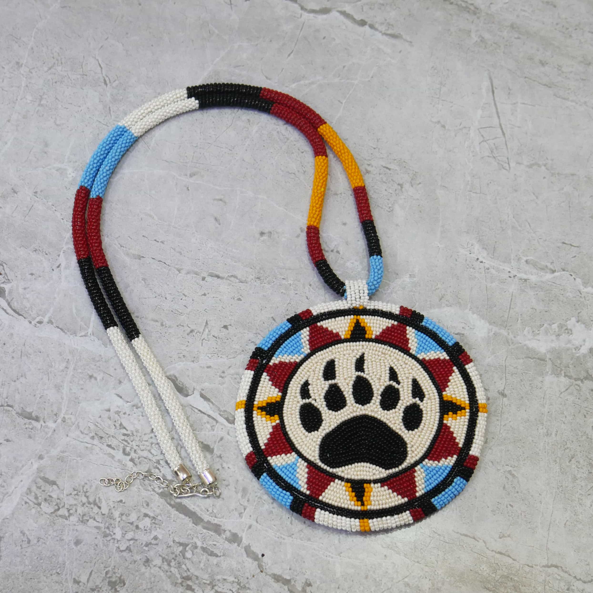 Native American Large Beaded Medallion Necklace (Off white Bear-paw)